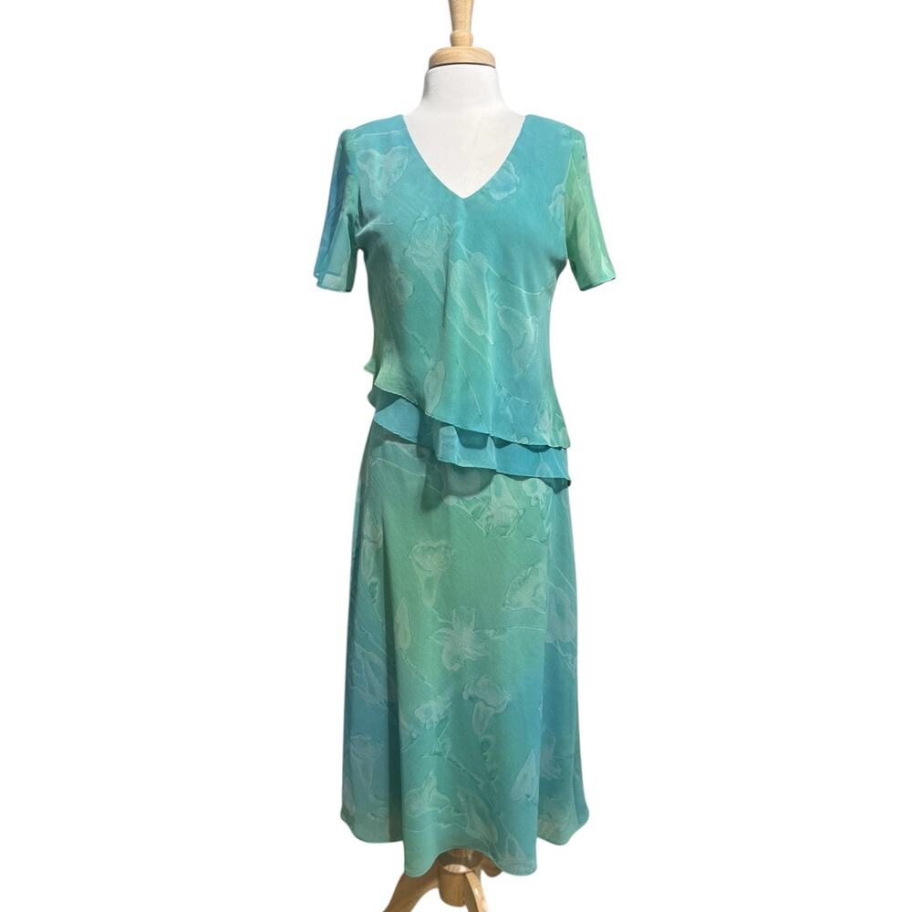 Women's 8 Watercolor Aqua Green Blue Romantic Floral Tiered Flowy Maxi Dress